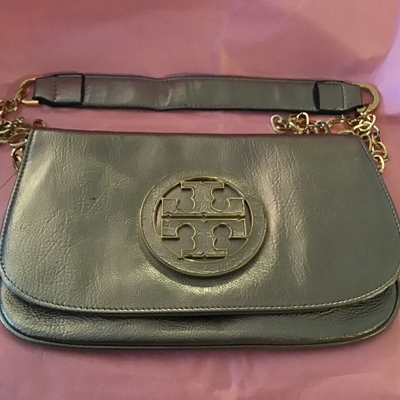 Tory Burch Flap Metallic Leather Clutch Silver - Picture 1 of 9